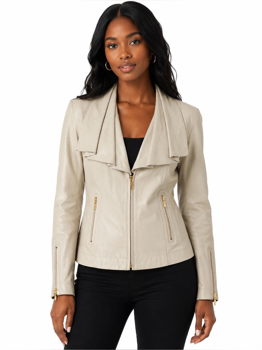 St. John 100% Lamb Leather Jacket Cream Draped Collar Gold Hardware
